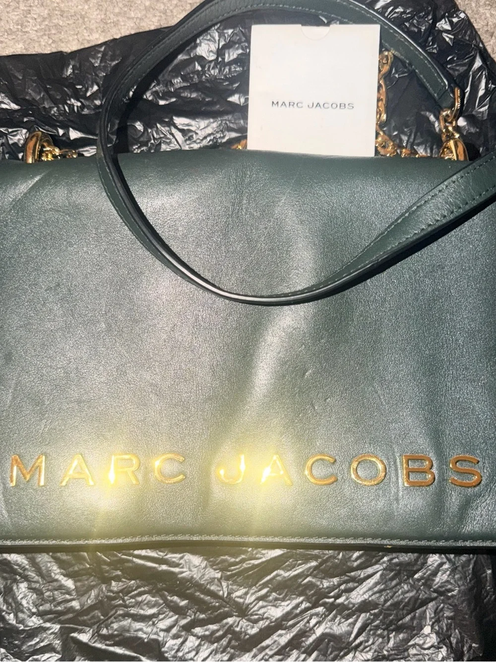 Marc Jacobs Forest Green Leather Tote with Gold Logo